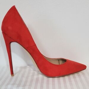 FSJ Red Vegan Suede Shoes Pointy Toe Stiletto Heel Pumps